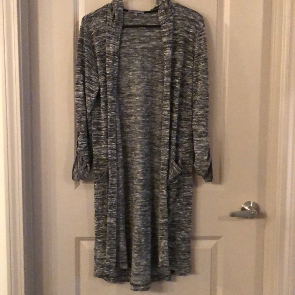 Long Gray Roll Tab Sleeve Sweater with Hood